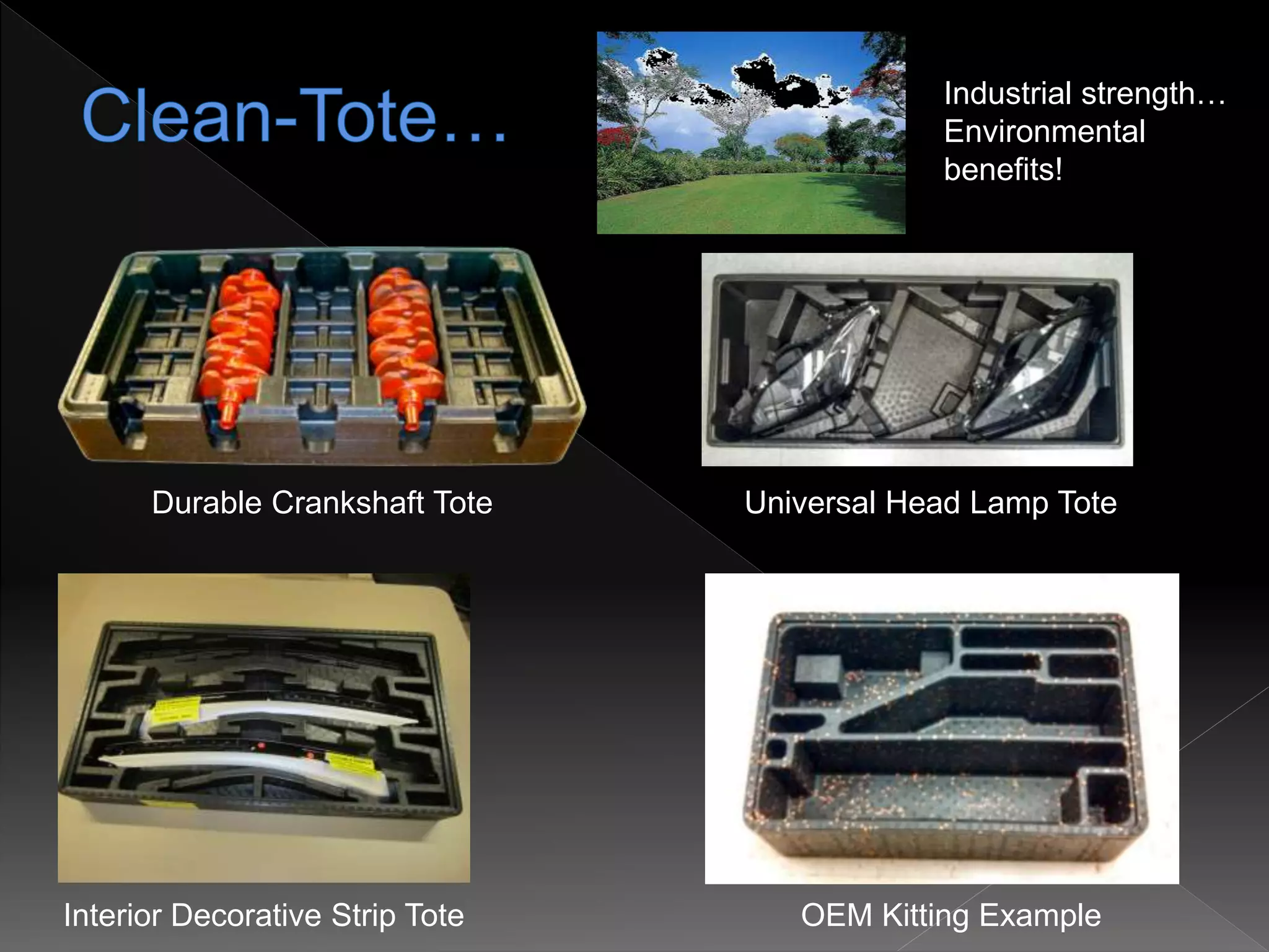 Durable Crankshaft Tote Universal Head Lamp Tote
Interior Decorative Strip Tote OEM Kitting Example
Industrial strength…
Environmental
benefits!
 