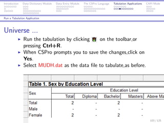 Introduction Data Dictionary Module Data Entry Module The CSPro Language Tabulation Applications CAPI Mode
Run a Tabulation Application
Universe ...
Run the tabulation by clicking on the toolbar,or
pressing Ctrl+R.
When CSPro prompts you to save the changes,click on
Yes.
Select MUDH.dat as the data ﬁle to tabulate,as before.
103 / 125
 