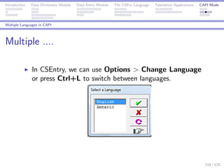 Introduction Data Dictionary Module Data Entry Module The CSPro Language Tabulation Applications CAPI Mode
Multiple Languages in CAPI
Multiple ....
In CSEntry, we can use Options > Change Language
or press Ctrl+L to switch between languages.
119 / 125
 