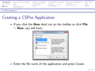 Introduction Data Dictionary Module Data Entry Module The CSPro Language Tabulation Applications CAPI Mode
A CSPro Application
Creating a CSPro Application
If you click the New short cut on the toolbar or click File
> New, you will have:
Enter the ﬁle name of the application and press Create.
12 / 125
 