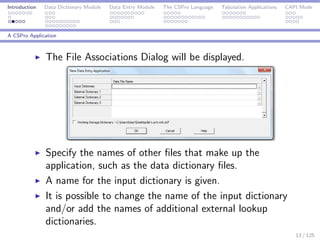 Introduction Data Dictionary Module Data Entry Module The CSPro Language Tabulation Applications CAPI Mode
A CSPro Application
The File Associations Dialog will be displayed.
Specify the names of other ﬁles that make up the
application, such as the data dictionary ﬁles.
A name for the input dictionary is given.
It is possible to change the name of the input dictionary
and/or add the names of additional external lookup
dictionaries.
13 / 125
 