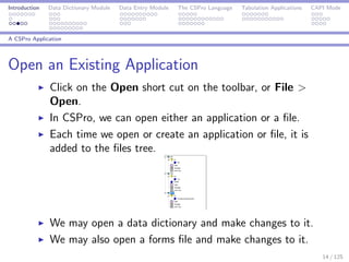 Introduction Data Dictionary Module Data Entry Module The CSPro Language Tabulation Applications CAPI Mode
A CSPro Application
Open an Existing Application
Click on the Open short cut on the toolbar, or File >
Open.
In CSPro, we can open either an application or a ﬁle.
Each time we open or create an application or ﬁle, it is
added to the ﬁles tree.
We may open a data dictionary and make changes to it.
We may also open a forms ﬁle and make changes to it.
14 / 125
 