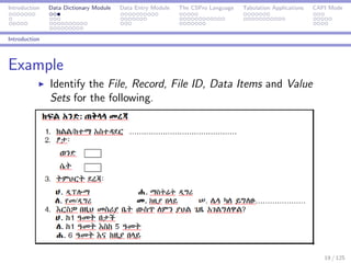 Introduction Data Dictionary Module Data Entry Module The CSPro Language Tabulation Applications CAPI Mode
Introduction
Example
Identify the File, Record, File ID, Data Items and Value
Sets for the following.
19 / 125
 