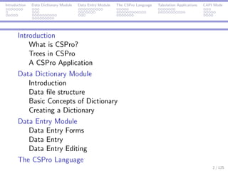 Introduction Data Dictionary Module Data Entry Module The CSPro Language Tabulation Applications CAPI Mode
Introduction
What is CSPro?
Trees in CSPro
A CSPro Application
Data Dictionary Module
Introduction
Data ﬁle structure
Basic Concepts of Dictionary
Creating a Dictionary
Data Entry Module
Data Entry Forms
Data Entry
Data Entry Editing
The CSPro Language
2 / 125
 