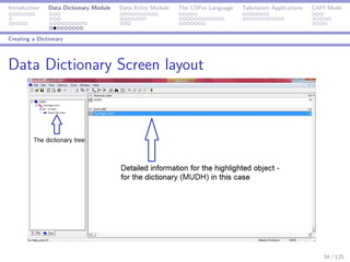 Introduction Data Dictionary Module Data Entry Module The CSPro Language Tabulation Applications CAPI Mode
Creating a Dictionary
Data Dictionary Screen layout
34 / 125
 
