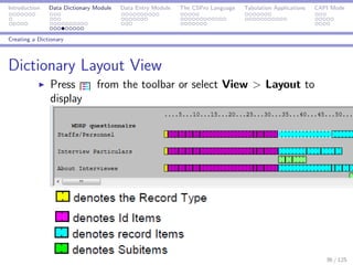 Introduction Data Dictionary Module Data Entry Module The CSPro Language Tabulation Applications CAPI Mode
Creating a Dictionary
Dictionary Layout View
Press from the toolbar or select View > Layout to
display
36 / 125
 