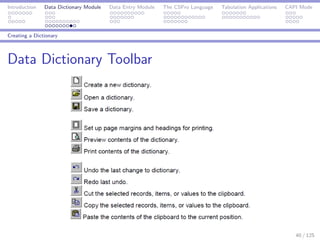 Introduction Data Dictionary Module Data Entry Module The CSPro Language Tabulation Applications CAPI Mode
Creating a Dictionary
Data Dictionary Toolbar
40 / 125
 