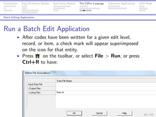 Introduction Data Dictionary Module Data Entry Module The CSPro Language Tabulation Applications CAPI Mode
Batch Editing Applications
Run a Batch Edit Application
After codes have been written for a given edit level,
record, or item, a check mark will appear superimposed
on the icon for that entity.
Press on the toolbar, or select File > Run, or press
Ctrl+R to have:
86 / 125
 