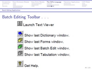 Introduction Data Dictionary Module Data Entry Module The CSPro Language Tabulation Applications CAPI Mode
Batch Editing Applications
Batch Editing Toolbar . . .
88 / 125
 