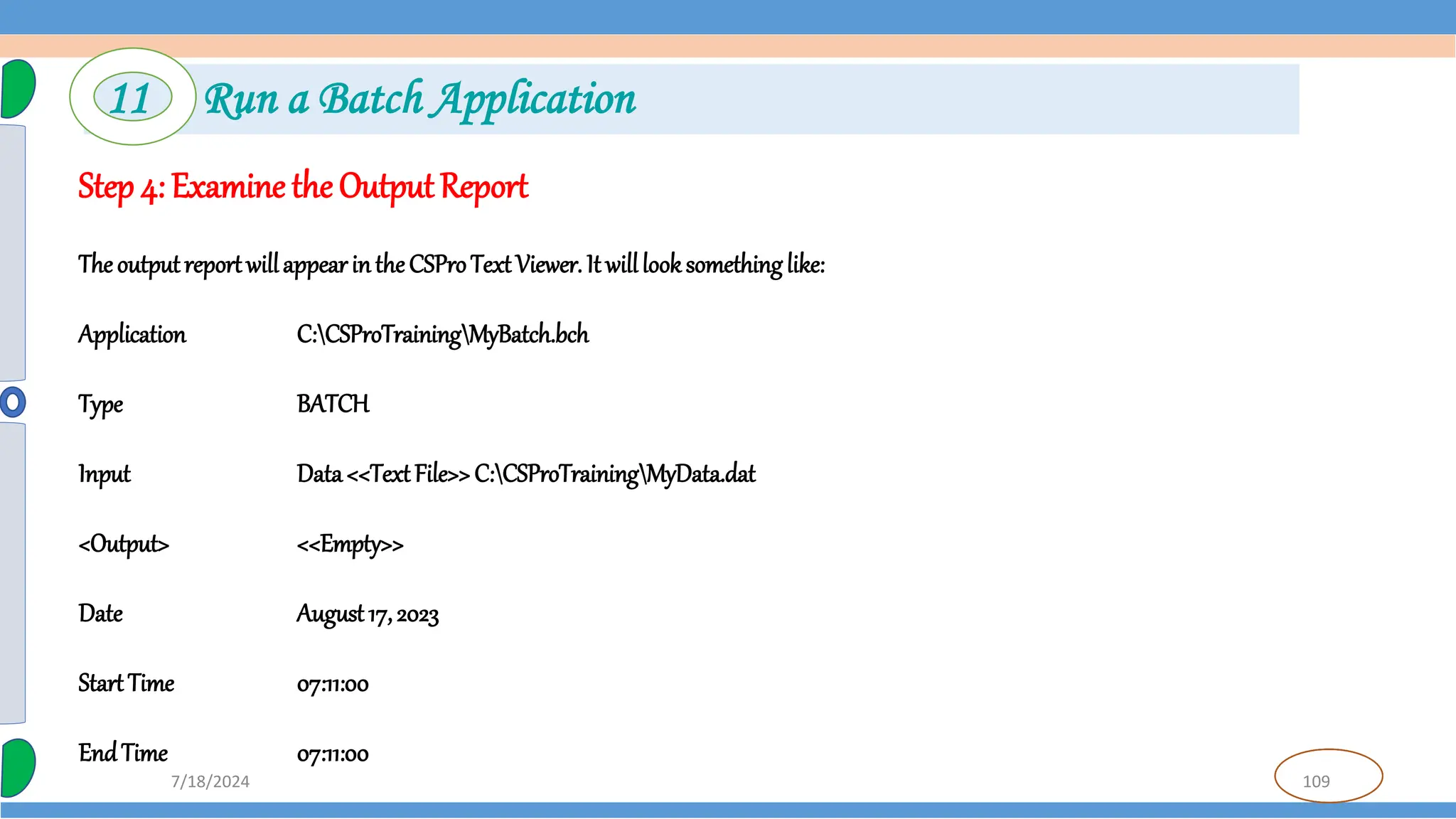 109
7/18/2024
Step 4: Examine the OutputReport
TheoutputreportwillappearintheCSProTextViewer. It willlooksomethinglike:
Application C:CSProTrainingMyBatch.bch
Type BATCH
Input Data<<TextFile>>C:CSProTrainingMyData.dat
<Output> <<Empty>>
Date August17,2023
StartTime 07:11:00
EndTime 07:11:00
11 Run a Batch Application
 