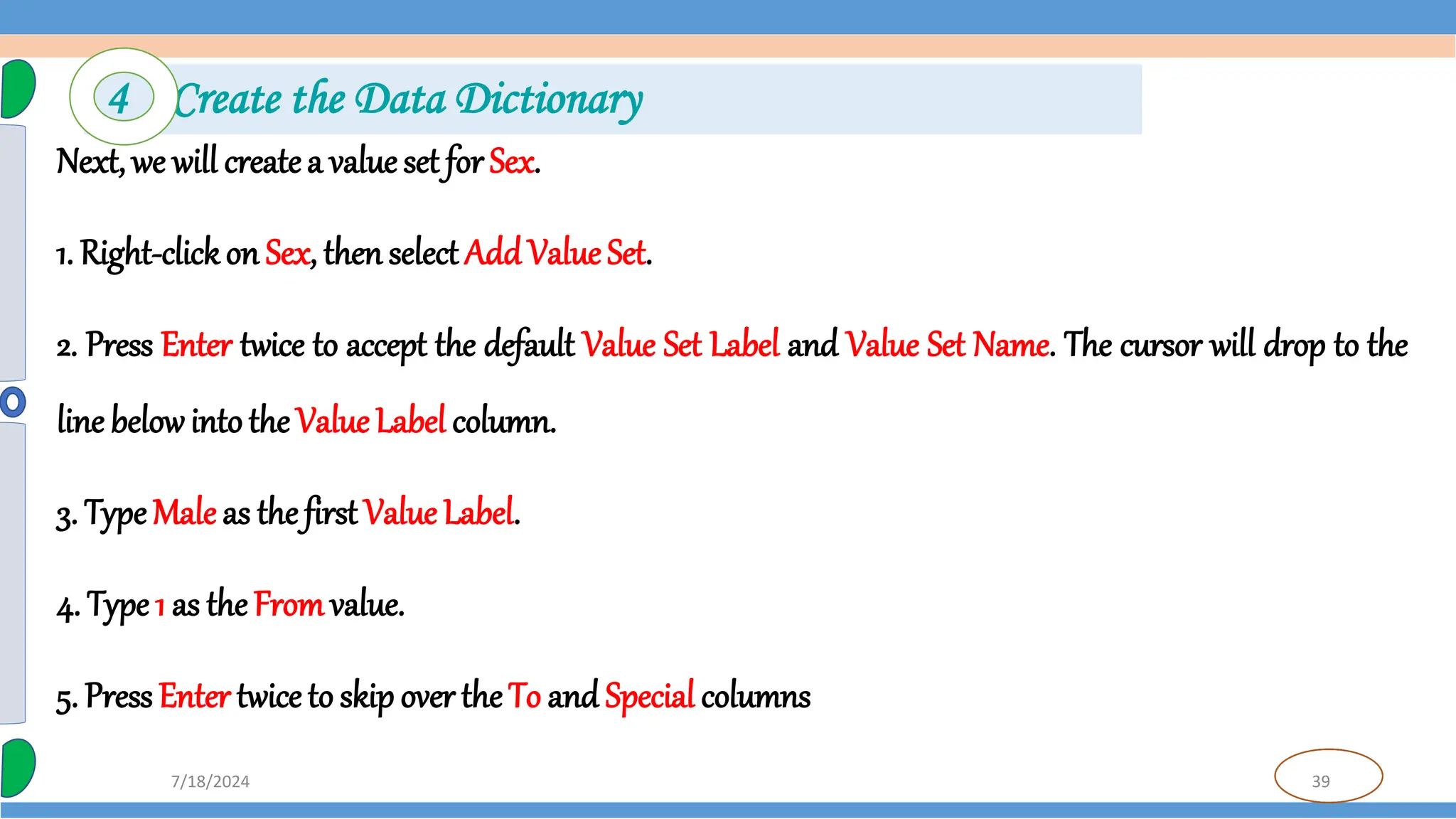 39
7/18/2024
Next, we will createa value set for Sex.
1. Right-clickon Sex, then select Add Value Set.
2. Press Enter twice to accept the default Value Set Label and Value Set Name. The cursor will drop to the
line belowintothe ValueLabel column.
3. TypeMale as the first Value Label.
4. Type 1 as theFromvalue.
5. Press Enter twice to skip over the To and Special columns
4 Create the Data Dictionary
 