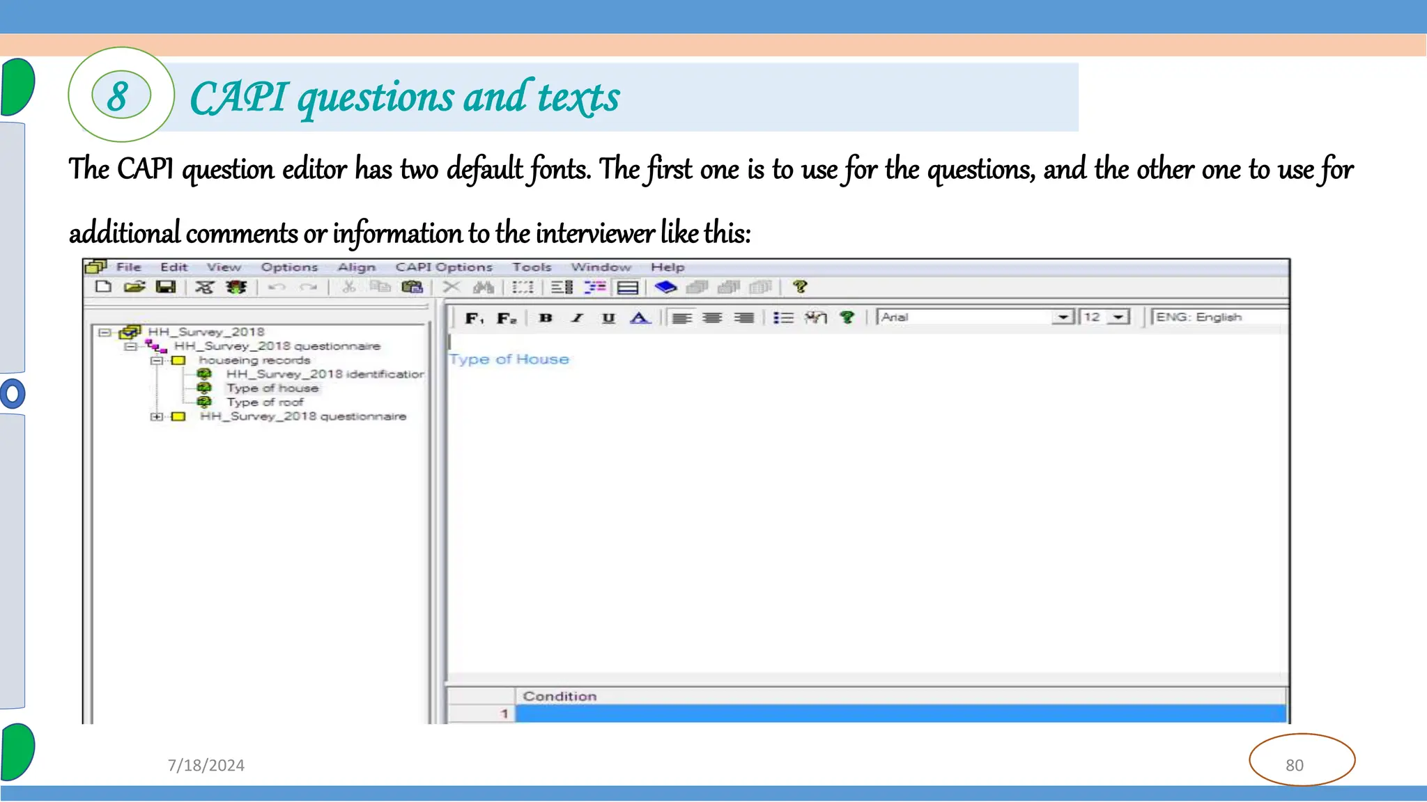 80
7/18/2024
The CAPI question editor has two default fonts. The first one is to use for the questions, and the other one to use for
additional comments or information to the interviewer likethis:
8 CAPI questions and texts
 