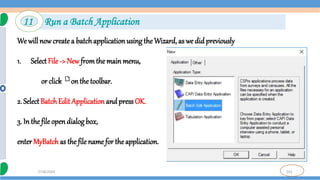 101
7/18/2024
We will now create a batchapplicationusing the Wizard, as we did previously
1. Select File -> New fromthe main menu,
or click on the toolbar.
2. SelectBatchEdit Application and press OK.
3. In the file open dialog box,
enter MyBatch as the file name for the application.
11 Run a Batch Application
 