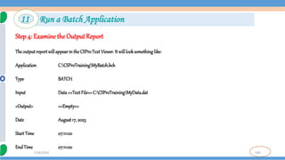 109
7/18/2024
Step 4: Examine the OutputReport
TheoutputreportwillappearintheCSProTextViewer. It willlooksomethinglike:
Application C:CSProTrainingMyBatch.bch
Type BATCH
Input Data<<TextFile>>C:CSProTrainingMyData.dat
<Output> <<Empty>>
Date August17,2023
StartTime 07:11:00
EndTime 07:11:00
11 Run a Batch Application
 
