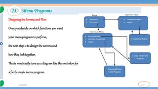 122
7/18/2024
Designingthe Screens and Flow
Once you decide on which functions you want
yourmenuprogramto perform,
the next stepis to design the screens and
howtheylink together.
This is most easilydone as a diagramlike the one belowfor
a fairlysimple menuprogram.
13 Menu Programs
 