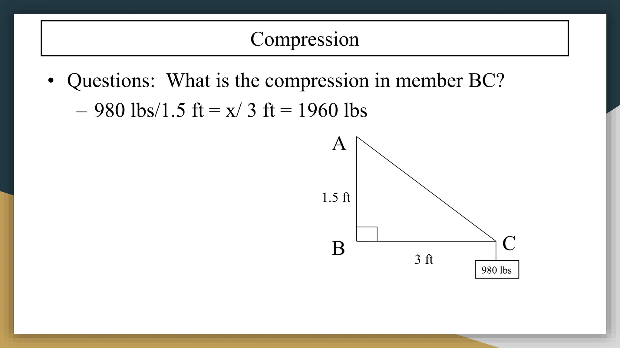 Compression
• Questions: What is the compression in member BC?
– 980 lbs/1.5 ft = x/ 3 ft = 1960 lbs
1.5 ft
3 ft
980 lbs
A
B C
 