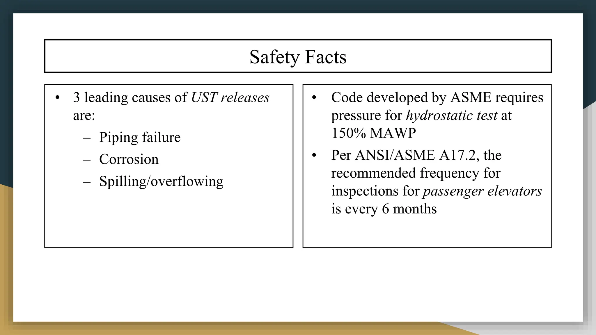 Safety Facts
• 3 leading causes of UST releases
are:
– Piping failure
– Corrosion
– Spilling/overflowing
• Code developed by ASME requires
pressure for hydrostatic test at
150% MAWP
• Per ANSI/ASME A17.2, the
recommended frequency for
inspections for passenger elevators
is every 6 months
 