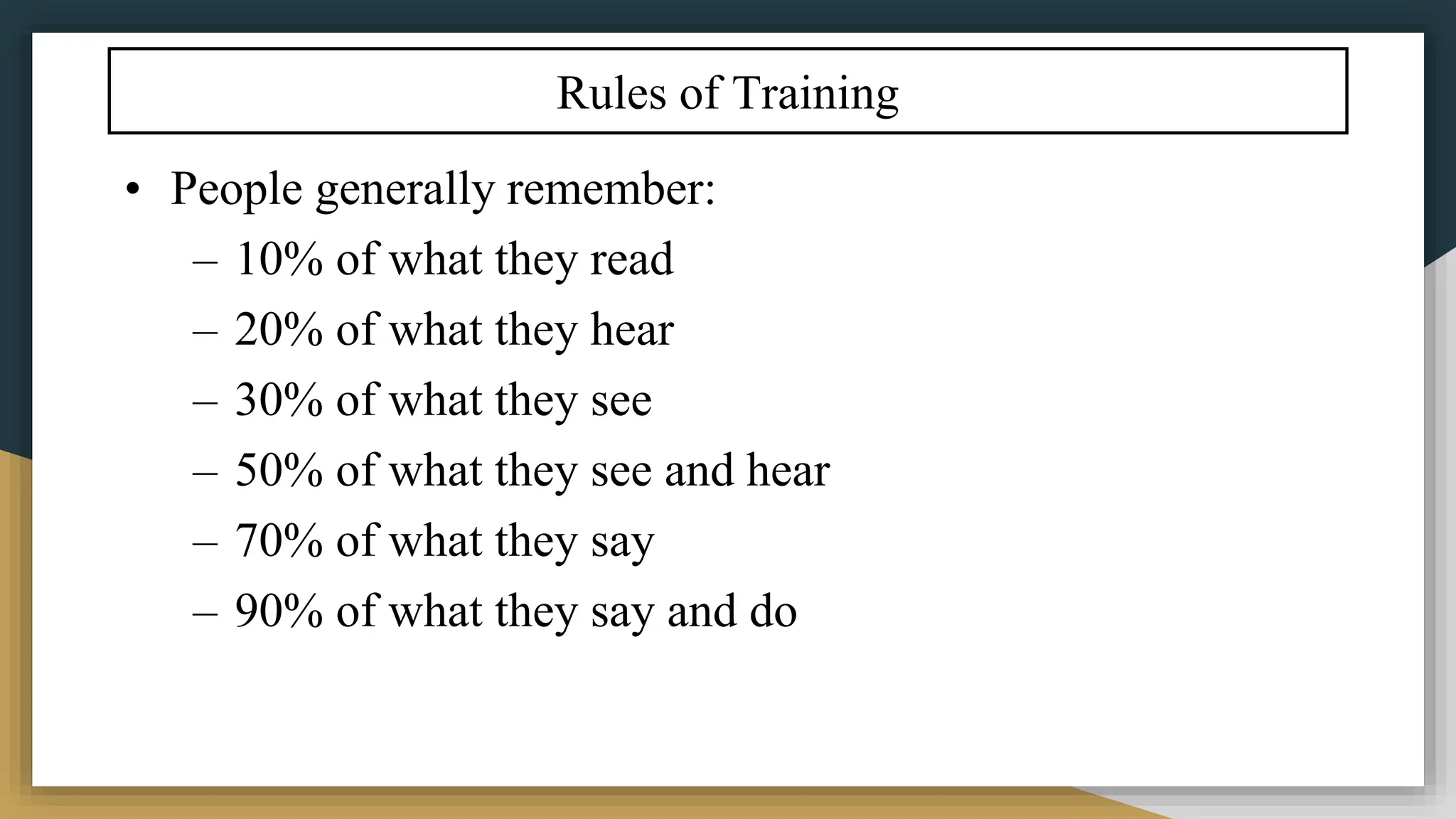 Rules of Training
• People generally remember:
– 10% of what they read
– 20% of what they hear
– 30% of what they see
– 50% of what they see and hear
– 70% of what they say
– 90% of what they say and do
 