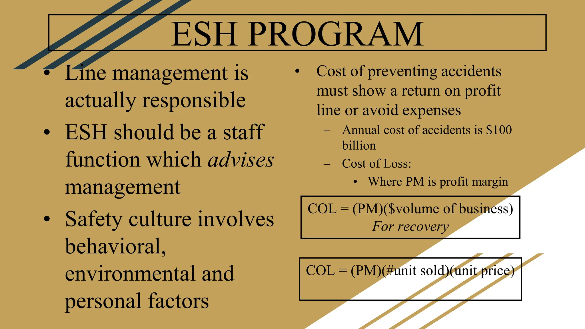 ESH PROGRAM
• Line management is
actually responsible
• ESH should be a staff
function which advises
management
• Safety culture involves
behavioral,
environmental and
personal factors
• Cost of preventing accidents
must show a return on profit
line or avoid expenses
– Annual cost of accidents is $100
billion
– Cost of Loss:
• Where PM is profit margin
COL = (PM)($volume of business)
For recovery
COL = (PM)(#unit sold)(unit price)
 