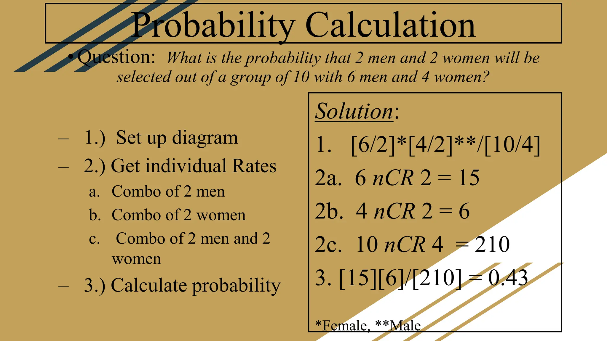 Probability Calculation
– 1.) Set up diagram
– 2.) Get individual Rates
a. Combo of 2 men
b. Combo of 2 women
c. Combo of 2 men and 2
women
– 3.) Calculate probability
Solution:
1. [6/2]*[4/2]**/[10/4]
2a. 6 nCR 2 = 15
2b. 4 nCR 2 = 6
2c. 10 nCR 4 = 210
3. [15][6]/[210] = 0.43
*Female, **Male
•Question: What is the probability that 2 men and 2 women will be
selected out of a group of 10 with 6 men and 4 women?
 
