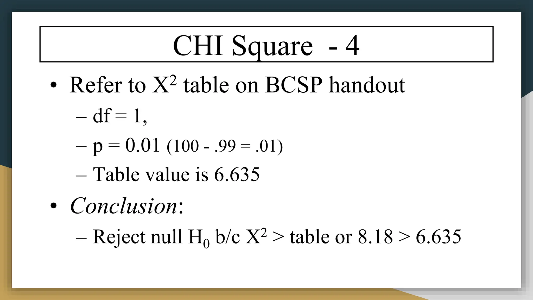 CHI Square - 4
• Refer to X2 table on BCSP handout
– df = 1,
– p = 0.01 (100 - .99 = .01)
– Table value is 6.635
• Conclusion:
– Reject null H0 b/c X2 > table or 8.18 > 6.635
 