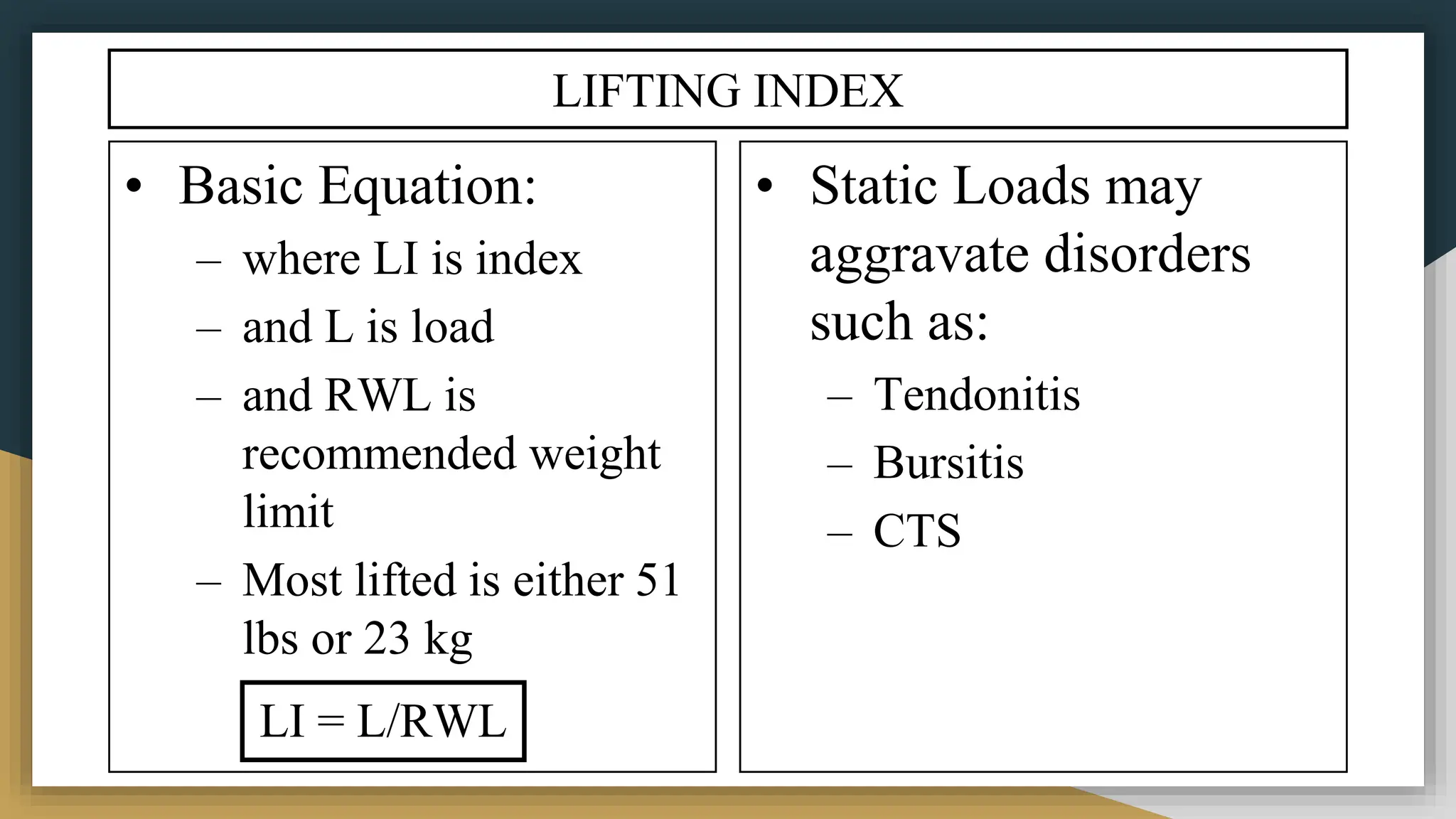 LIFTING INDEX
• Basic Equation:
– where LI is index
– and L is load
– and RWL is
recommended weight
limit
– Most lifted is either 51
lbs or 23 kg
• Static Loads may
aggravate disorders
such as:
– Tendonitis
– Bursitis
– CTS
LI = L/RWL
 