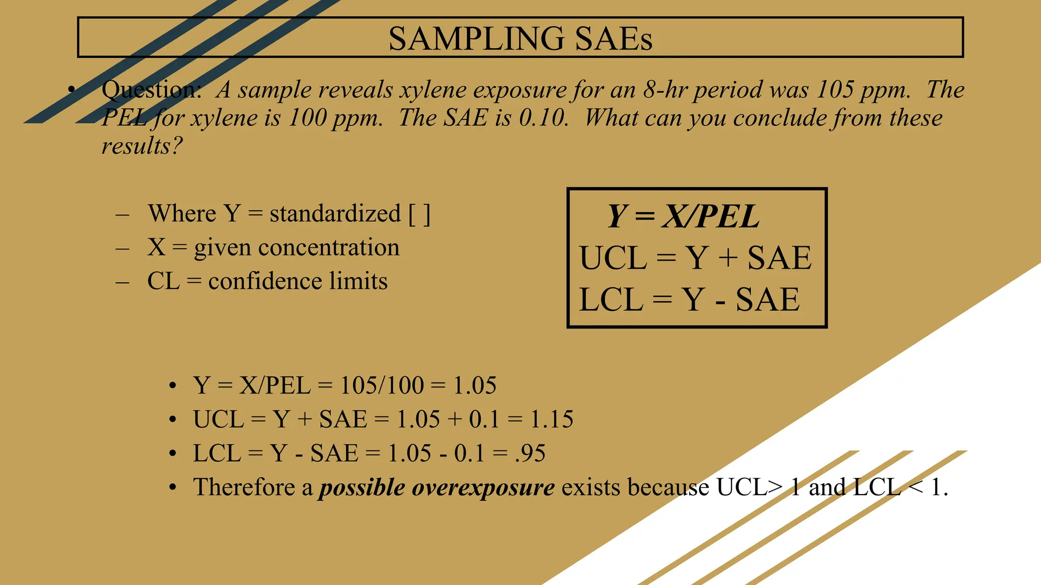 SAMPLING SAEs
• Question: A sample reveals xylene exposure for an 8-hr period was 105 ppm. The
PEL for xylene is 100 ppm. The SAE is 0.10. What can you conclude from these
results?
– Where Y = standardized [ ]
– X = given concentration
– CL = confidence limits
• Y = X/PEL = 105/100 = 1.05
• UCL = Y + SAE = 1.05 + 0.1 = 1.15
• LCL = Y - SAE = 1.05 - 0.1 = .95
• Therefore a possible overexposure exists because UCL> 1 and LCL < 1.
Y = X/PEL
UCL = Y + SAE
LCL = Y - SAE
 