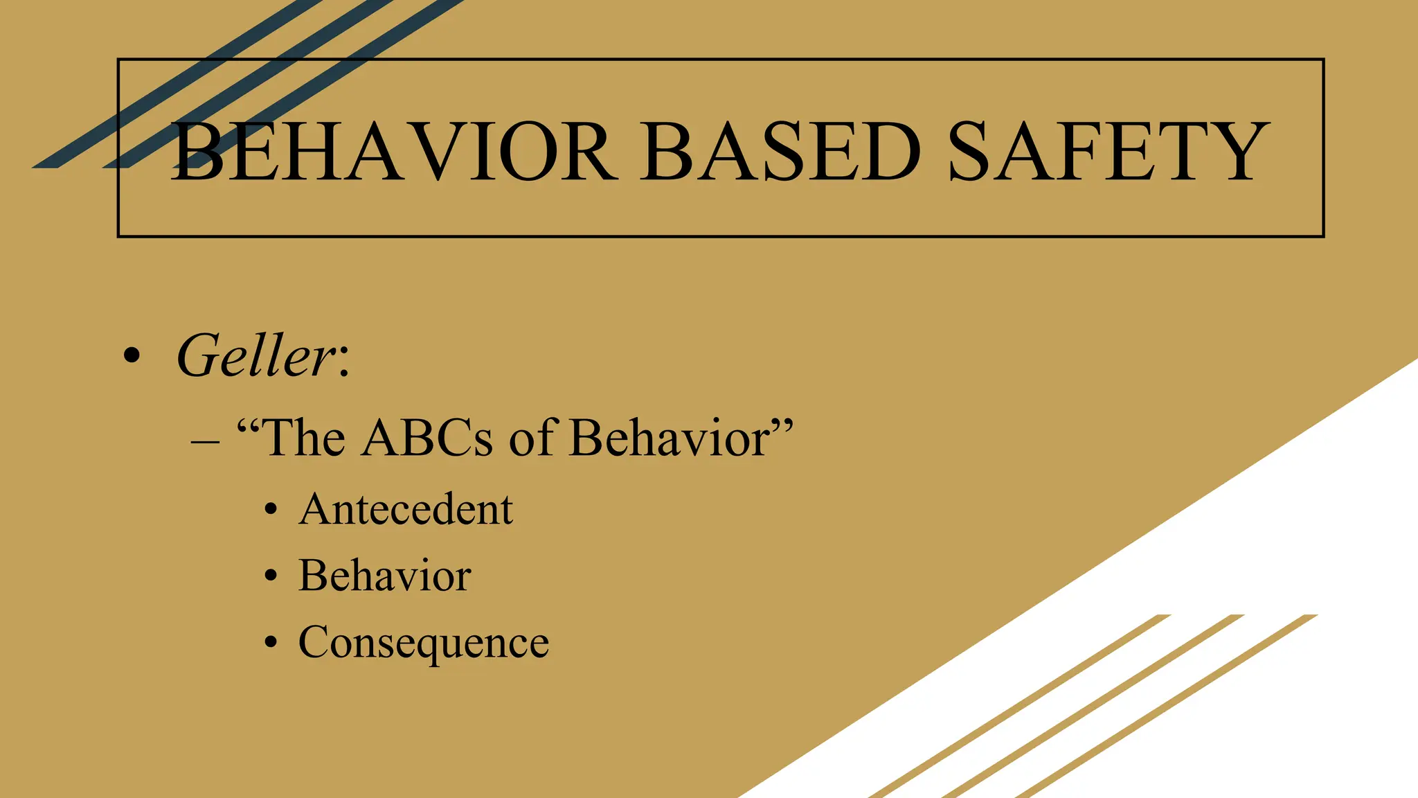 BEHAVIOR BASED SAFETY
• Geller:
– “The ABCs of Behavior”
• Antecedent
• Behavior
• Consequence
 