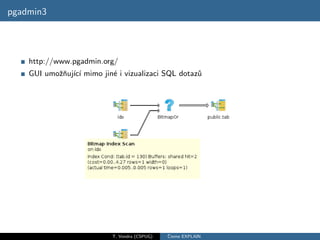 pgadmin3




    http://www.pgadmin.org/
    GUI umoˇnuj´ ı mimo jin´ i vizualizaci SQL dotaz˚
           zˇ ıc´          e                        u




                           T. Vondra (CSPUG)   ˇ
                                               Cteme EXPLAIN
 