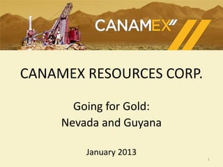 CANAMEX RESOURCES CORP.
Going for Gold:
Nevada and Guyana
April 2013
1
 