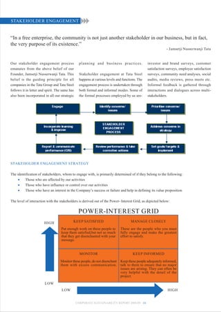 STAKEHOLDER ENGAGEMENT


“In a free enterprise, the community is not just another stakeholder in our business, but in fact,
the very purpose of its existence.”
                                                                                                             - Jamsetji Nusserwanji Tata


Our stakeholder engagement process                planning and business practices.               investor and brand surveys, customer
emanates from the above belief of our                                                            satisfaction surveys, employee satisfaction
Founder, Jamsetji Nusserwanji Tata. This          Stakeholder engagement at Tata Steel           surveys, community need analyses, social
belief is the guiding principle for all           happens at various levels and functions. The   audits, media reviews, press meets etc.
companies in the Tata Group and Tata Steel        engagement process is undertaken through       Informal feedback is gathered through
follows it in letter and spirit. The same has     both formal and informal modes. Some of        interactions and dialogues across multi-
also been incorporated in all our strategic       the formal processes employed by us are-       stakeholders.




STAKEHOLDER ENGAGEMENT STRATEGY

The identification of stakeholders, whom to engage with, is primarily determined of if they belong to the following:
     •    Those who are affected by our activities
     •    Those who have influence or control over our activities
     •    Those who have an interest in the Company’s success or failure and help in defining its value proposition

The level of interaction with the stakeholders is derived out of the Power- Interest Grid, as depicted below:

                                                 POWER-INTEREST GRID
                       HIGH                 KEEP SATISFIED                           MANAGE CLOSELY

                                    Put enough work on these people to        These are the people who you must
                                    keep them satisfied,but not so much       fully engage and make the greatest
                                    that they get disenchanted with your      effort to satisfy.
                                    message.


                                                  MONITOR                              KEEP INFORMED

                                   Monitor these people, do not disenchant    Keep these people adequately informed,
                                   them with excess communication.            talk to them to ensure that no major
                                                                              issues are arising. They can often be
                                                                              very helpful with the detail of the
                                                                              project.
                        LOW
                                    LOW                                                                       HIGH


                                                CORPORATE SUSTAINABILITY REPORT 2008-09 14
 