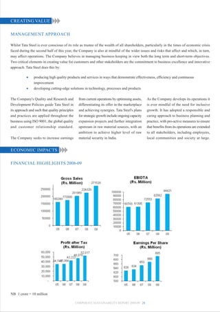 CREATING VALUE

MANAGEMENT APPROACH

Whilst Tata Steel is ever conscious of its role as trustee of the wealth of all shareholders, particularly in the times of economic crisis
faced during the second half of this year, the Company is also at mindful of the wider issues and risks that affect and which, in turn,
may affect operations. The Company believes in managing business keeping in view both the long term and short-term objectives.
Two critical elements in creating value for customers and other stakeholders are the commitment to business excellence and innovative
approach. Tata Steel does this by:

           •    producing high quality products and services in ways that demonstrate effectiveness, efficiency and continuous
                improvement
           •    developing cutting-edge solutions in technology, processes and products

The Company's Quality and Research and            from current operations by optimising assets,   As the Company develops its operations it
Development Policies guide Tata Steel in          differentiating its offer in the marketplace    is ever mindful of the need for inclusive
its approach and such that quality principles     and achieving synergies. Tata Steel's plans     growth. It has adopted a responsible and
and practices are applied throughout the          for strategic growth include ongoing capacity   caring approach to business planning and
business using ISO 9001, the global quality       expansion projects and further integration      practice, with pro-active measures to ensure
and customer relationship standard.               upstream in raw material sources, with an       that benefits from its operations are extended
                                                  ambition to achieve higher level of raw         to all stakeholders, including employees,
The Company seeks to increase earnings            material security in India.                     local communities and society at large.


ECONOMIC IMPACTS

FINANCIAL HIGHLIGHTS 2008-09




NB 1 crore = 10 million

                                                CORPORATE SUSTAINABILITY REPORT 2008-09 28
 