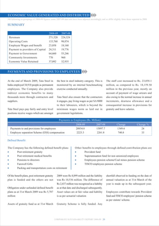 ECONOMIC VALUE GENERATED AND DISTRIBUTED
NB following re-groupings of 2008-09 figures, some 2007-08 data sets have been adjusted accordingly and so differ slightly from those reported in 2008

SUMMARY

                                            2008-09      2007-08
 Revenues                                   271,520      224,324
 Operating Costs                            133,760      98,074
 Employee Wages and benefit                 23,058       18,160
 Payment to providers of Capital            24,311       19,776
 Payment to Government                      64,660       55,246
 Community Investments                      770          960
 Economic Value Retained                    37,092       32,935


PAYMENTS AND PROVISIONS TO EMPLOYEES

At the end of March 2009, Tata Steel in              the best in steel industry category. This is         The staff cost increased to Rs. 23,058.1
India employed 34,918 people as permanent            monitored by an internal benchmarking                million, as compared to Rs. 18,159.50
employees. The Company also provide                  exercise conducted annually.                         million in the previous year, mostly on
indirect economic benefits to many                                                                        account of payment of wage arrears and
thousands more through contractors and               Tata Steel also ensure that the contractors          also owing to the normal increase in annual
suppliers.                                           it engages, pay living wages as per SA 8000          increments, dearness allowance and a
                                                     to their labourers, which is beyond the              consequential increase in provisions for
Tata Steel pays pay fairly and entry level           minimum wages norm as laid out in                    gratuity and leave salaries.
positions receive wages which are amongst            government legislations.

                                                       Payments to Employees (Rs. Million)
                                                                         2008-09               2007-08               Change                Change %
  Payments to and provisions for employees                               20834.8               15897.7               1349.4                   24
  Employee separation Scheme (ESS) compensation                           2223.3                2261.8                740.8                   33

Defined Benefit:

The Company has the following defined benefit plans                     Other benefits to employees through defined contribution plans are
•      Post retirement gratuity                                         •       Provident fund
•      Post retirement medical benefits                                 •       Superannuation fund for non unionized employees
•      Pensions to directors                                            •       Employees pension scheme/Coal mines pension scheme
•      Farewell Gifts                                                   •       TISCO employees pension scheme
•      Packing and transportation costs on retirement

Of the benefit plans, post retirement gratuity       2009 were Rs 8,099 million and the liability         shortfall observed in funding on the date of
plan is funded and the others are not                was Rs 10,536 million. The difference of             annual valuation as at 31st March of the
                                                     Rs 2,437 million was recognized as a liability       year is made up in the subsequent year.
Obligation under unfunded defined benefit            as at that date and discharged subsequently.
plans as at 31st March 2009 was Rs 5,787             Asset values are at fair value and liability         Employees contribute towards Provident
million                                              is as per actuarial valuation                        fund and TISCO employees’ pension scheme
                                                                                                          as per statute/ scheme.
Assets of gratuity fund as at 31st March             Gratuity Scheme is fully funded. Any




                                                  CORPORATE SUSTAINABILITY REPORT 2008-09 29
 