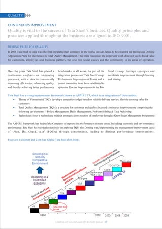 QUALITY

CONTINUOUS IMPROVEMENT
Quality is vital to the success of Tata Steel’s business. Quality principles and
practices applied throughout the business are aligned to ISO 9001.

DEMING PRIZE FOR QUALITY
In 2008 Tata Steel in India was the first integrated steel company in the world, outside Japan, to be awarded the prestigious Deming
Application Prize for excellence in Total Quality Management. The prize recognises the important work done not just to build value
for customers, employees and business partners, but also for social causes and the community in its areas of operation.



Over the years Tata Steel has placed a          benchmarks in all areas. As part of the      Steel Group, leverage synergies and
continuous emphasis on improving                integration process of Tata Steel Group,     accelerate improvement through learning
processes, with a view to consistently          Performance Improvement Teams and a          and sharing.
increasing efficiencies, enhancing quality,     central committee have been established to
and thereby achieving better performance        systemise Process Improvement in the Tata

Tata Steel has a strong improvement framework known as ASPIRE T3, which is an integration of three models:
    •    Theory of Constraints (TOC): develop a competitive edge based on reliable delivery service, thereby creating value for
         customers
    •    Total Quality Management (TQM): a structure for customer and quality focussed continuous improvements comprising the
         following key elements – Policy Management, Daily Management, Problem Solving & Task Achieving
    •    Technology: foster a technology mindset amongst a cross section of employees through a Knowledge Management Programme

The ASPIRE framework has helped the Company to improve its performance in many areas, including economic and environmental
performance. Tata Steel has worked extensively on applying TQM the Deming way, implementing the management/improvement cycle
of ‘Plan, Do, Check, Act’ (PDCA) through departments, leading to distinct performance improvements.

Focus on Customer and Cost has helped Tata Steel shift from:-




                                              CORPORATE SUSTAINABILITY REPORT 2008-09 32
 