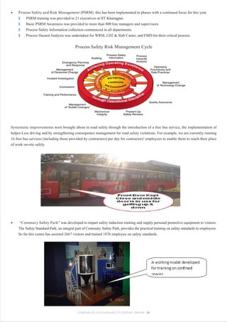 •   Process Safety and Risk Management (PSRM): this has been implemented in phases with a continued focus for this year.
    §   PSRM training was provided to 21 executives at IIT Kharagpur.
    §   Basic PSRM Awareness was provided to more than 800 line managers and supervisors.
    §   Process Safety Information collection commenced in all departments.
    §   Process Hazard Analysis was undertaken for WRM, LD2 & Slab Caster, and FMD for their critical process.


                                          Process Safety Risk Management Cycle




Systematic improvements were brought about in road safety through the introduction of a free bus service, the implementation of
helper-Less driving and by strengthening consequence management for road safety violations. For example, we are currently running
16 free bus services (including those provided by contractors) per day for contractors' employees to enable them to reach their place
of work on-site safely.




•   “Centenary Safety Park” was developed to impart safety induction training and supply personal protective equipment to visitors.
    The Safety Standard Park, an integral part of Centenary Safety Park, provides the practical training on safety standards to employees.
    So far this centre has assisted 2667 visitors and trained 1876 employee on safety standards.




                                            CORPORATE SUSTAINABILITY REPORT 2008-09 50
 