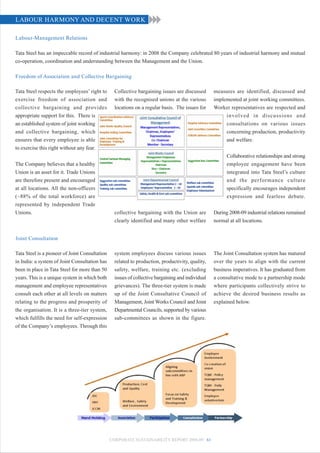 LABOUR HARMONY AND DECENT WORK

Labour-Management Relations

Tata Steel has an impeccable record of industrial harmony: in 2008 the Company celebrated 80 years of industrial harmony and mutual
co-operation, coordination and understanding between the Management and the Union.

Freedom of Association and Collective Bargaining

Tata Steel respects the employees’ right to       Collective bargaining issues are discussed       measures are identified, discussed and
exercise freedom of association and               with the recognised unions at the various        implemented at joint working committees.
collective bargaining and provides                locations on a regular basis. The issues for     Worker representatives are respected and
appropriate support for this. There is                                                                   involved in discussions and
an established system of joint working                                                                   consultations on various issues
and collective bargaining, which                                                                         concerning production, productivity
ensures that every employee is able                                                                      and welfare.
to exercise this right without any fear.
                                                                                                         Collaborative relationships and strong
The Company believes that a healthy                                                                      employee engagement have been
Union is an asset for it. Trade Unions                                                                   integrated into Tata Steel’s culture
are therefore present and encouraged                                                                     and the performance culture
at all locations. All the non-officers                                                                   specifically encourages independent
(~88% of the total workforce) are                                                                        expression and fearless debate.
represented by independent Trade
Unions.                                           collective bargaining with the Union are         During 2008-09 industrial relations remained
                                                  clearly identified and many other welfare        normal at all locations.


Joint Consultation

Tata Steel is a pioneer of Joint Consultation     system employees discuss various issues          The Joint Consultation system has matured
in India: a system of Joint Consultation has      related to production, productivity, quality,    over the years to align with the current
been in place in Tata Steel for more than 50      safety, welfare, training etc. (excluding        business imperatives. It has graduated from
years. This is a unique system in which both      issues of collective bargaining and individual   a consultative mode to a partnership mode
management and employee representatives           grievances). The three-tier system is made       where participants collectively strive to
consult each other at all levels on matters       up of the Joint Consultative Council of          achieve the desired business results as
relating to the progress and prosperity of        Management, Joint Works Council and Joint        explained below.
the organisation. It is a three-tier system,      Departmental Councils, supported by various
which fulfills the need for self-expression       sub-committees as shown in the figure.
of the Company’s employees. Through this




                                                CORPORATE SUSTAINABILITY REPORT 2008-09 61
 