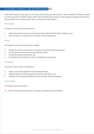 UN GLOBAL COMPACT - THE TEN PRINCIPLES

At the World Economic Forum, Davos, on 31st January 1999, UN Secretary-General Kofi A. Annan challenged world business leaders
to “embrace and enact” the Global Compact, both in their individual corporate practices and by supporting appropriate public policies.
These principles now cover human rights, labour, environment and anti-corruption.

Human Rights


The Secretary-General asked world business to:


1     support and respect the protection of international human rights within their sphere of influence; and
2     make sure their own corporations are not complicit in human rights abuses.


Labour


The Secretary-General asked world business to uphold;


3     freedom of association and the effective recognition of the right to collective bargaining;
4     the elimination of all forms of forced and compulsory labour;
5     the effective abolition of child labour, and
6     the elimination of discrimination in respect of employment and occupation.


Environment


The Secretary-General asked world business to:


7     support a precautionary approach to environmental challenges;
8     undertake initiatives to promote greater environmental responsibility; and
9     encourage the development and diffusion of environmentally friendly technologies.


Anti-corruption


The Secretary General stressed that:


10    business should work against all forms of corruption, including extortion and bribery.




                                           CORPORATE SUSTAINABILITY REPORT 2008-09 91
 