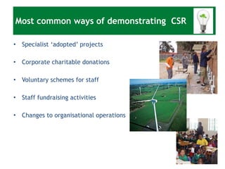 Most common ways of demonstrating  CSR Specialist ‘adopted’ projects Corporate charitable donations Voluntary schemes for staff Staff fundraising activities Changes to organisational operations 
