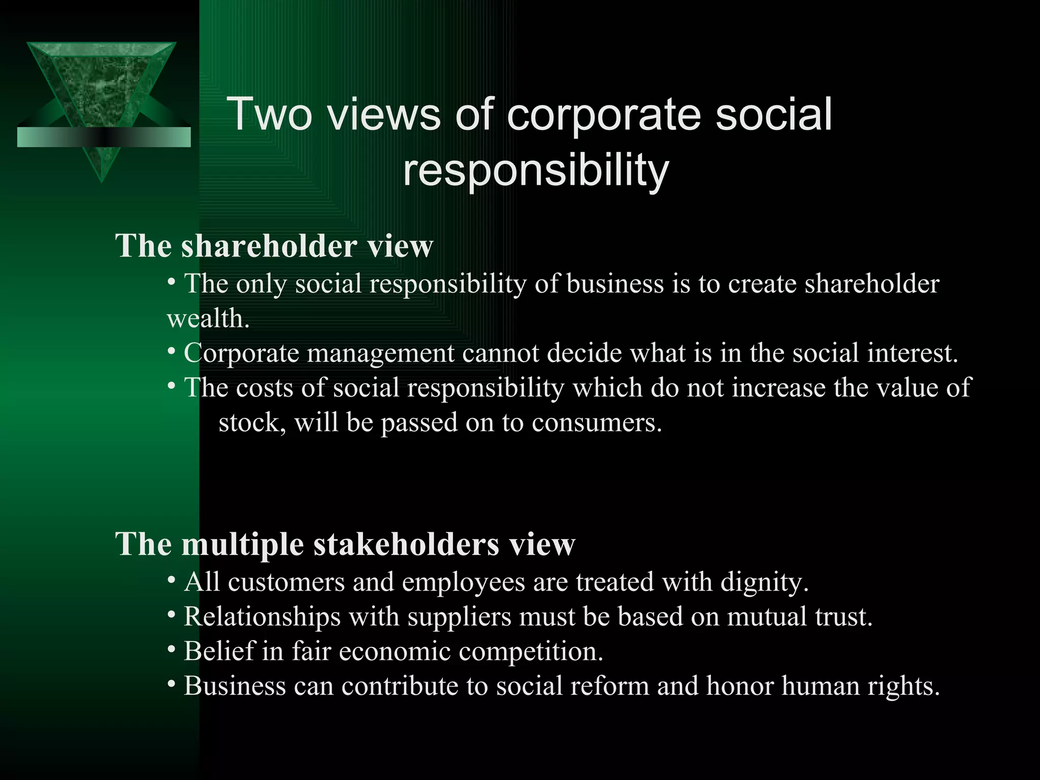 Two views of corporate social  responsibility The shareholder view The only social responsibility of business is to create shareholder wealth. Corporate management cannot decide what is in the social interest. The costs of social responsibility which do not increase the value of  stock, will be passed on to consumers.  The multiple stakeholders view All customers and employees are treated with dignity. Relationships with suppliers must be based on mutual trust. Belief in fair economic competition. Business can contribute to social reform and honor human rights.  