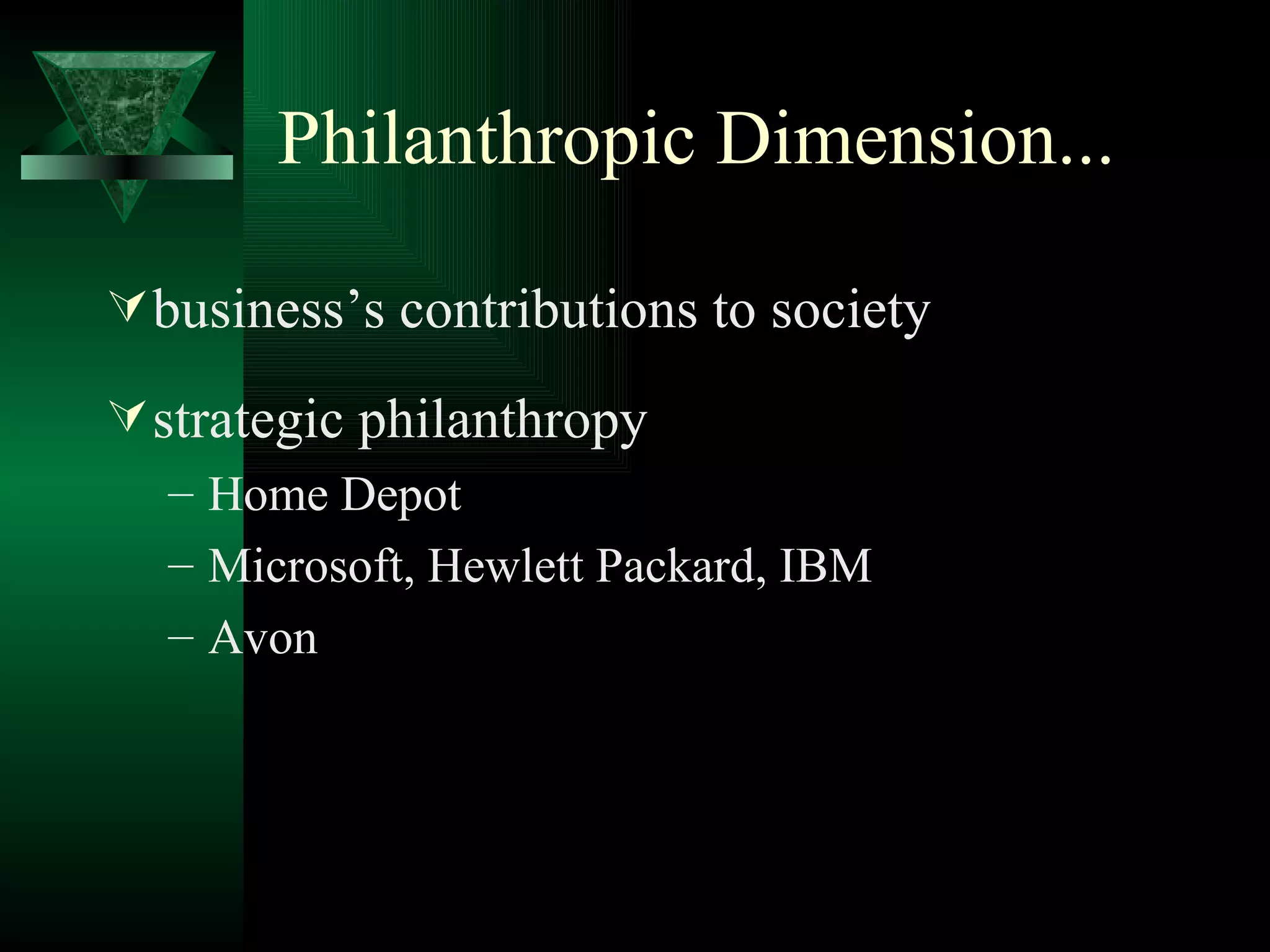 Philanthropic Dimension... business’s contributions to society strategic philanthropy Home Depot Microsoft, Hewlett Packard, IBM Avon 
