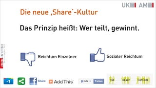 Die neue ,Share‘-Kultur

Das Prinzip heißt: Wer teilt, gewinnt.


     Reichtum Einzelner    Sozialer Reichtum
 