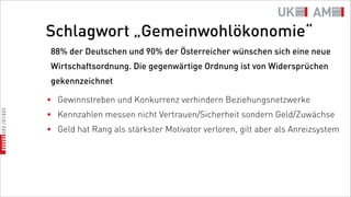Schlagwort „Gemeinwohlökonomie“
 88% der Deutschen und 90% der Österreicher wünschen sich eine neue
 Wirtschaftsordnung. Die gegenwärtige Ordnung ist von Widersprüchen
 gekennzeichnet

• Gewinnstreben und Konkurrenz verhindern Beziehungsnetzwerke
• Kennzahlen messen nicht Vertrauen/Sicherheit sondern Geld/Zuwächse
• Geld hat Rang als stärkster Motivator verloren, gilt aber als Anreizsystem
 