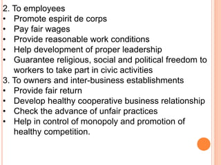 2. To employees
• Promote espirit de corps
• Pay fair wages
• Provide reasonable work conditions
• Help development of proper leadership
• Guarantee religious, social and political freedom to
workers to take part in civic activities
3. To owners and inter-business establishments
• Provide fair return
• Develop healthy cooperative business relationship
• Check the advance of unfair practices
• Help in control of monopoly and promotion of
healthy competition.
 