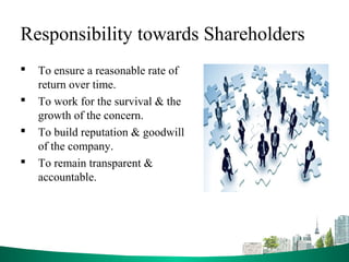 Responsibility towards Shareholders
 To ensure a reasonable rate of
return over time.
 To work for the survival & the
growth of the concern.
 To build reputation & goodwill
of the company.
 To remain transparent &
accountable.
 