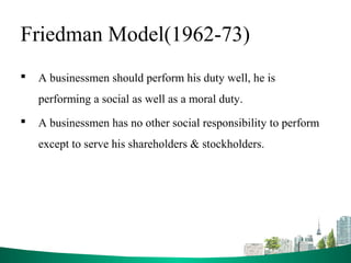 Friedman Model(1962-73)
 A businessmen should perform his duty well, he is
performing a social as well as a moral duty.
 A businessmen has no other social responsibility to perform
except to serve his shareholders & stockholders.
 