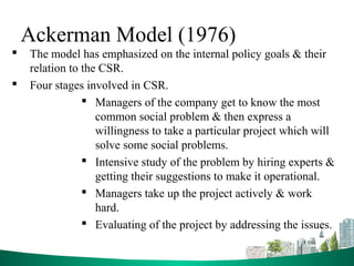 Ackerman Model (1976)
 The model has emphasized on the internal policy goals & their
relation to the CSR.
 Four stages involved in CSR.
 Managers of the company get to know the most
common social problem & then express a
willingness to take a particular project which will
solve some social problems.
 Intensive study of the problem by hiring experts &
getting their suggestions to make it operational.
 Managers take up the project actively & work
hard.
 Evaluating of the project by addressing the issues.
 