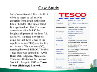 Case Study
Jack Cohen founded Tesco in 1919
when he began to sell surplus
groceries from a stall in the East
End of London. The Tesco brand
first appeared in 1924. The name
came about after Jack Cohen
bought a shipment of tea from T.E.
Stockwell. He made new labels
using the first three letters of the
supplier's name (TES), and the first
two letters of his surname (CO),
forming the word TESCO. The first
Tesco store was opened in 1929 in
Burnt Oak, Edgware, Middlesex.
Tesco was floated on the London
Stock Exchange in 1947 as Tesco
Stores (Holdings) Limited.
 