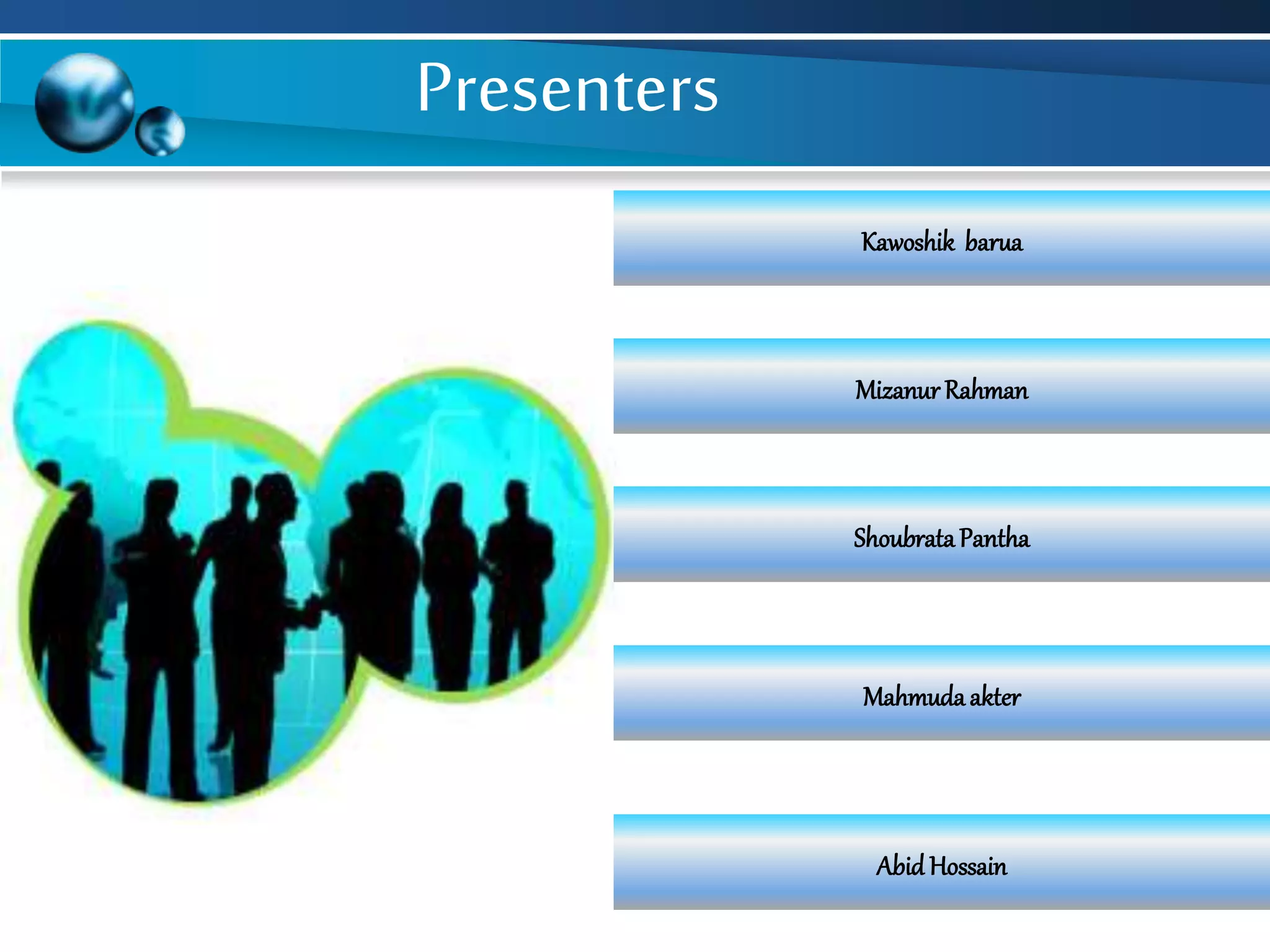 Mizanur Rahman
Mahmudaakter
ShoubrataPantha
Abid Hossain
Kawoshik barua
Presenters
 