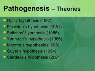 Pathogenesis – Theories
 Gass’ hypothesis (1967)
 Piccolino’s hypothesis (1981)
 Spitznas’ hypothesis (1986)
 Yannuzzi’s hypothesis (1986)
 Marmor’s hypothesis (1988)
 Guyer’s hypothesis (1994)
 Ciardella’s hypothesis (2001)
 