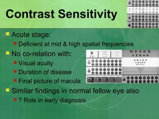 Contrast Sensitivity
 Acute stage:
 Deficient at mid & high spatial frequencies
 No co-relation with:
 Visual acuity
 Duration of disease
 Final picture of macula
 Similar findings in normal fellow eye also
 ? Role in early diagnosis
 